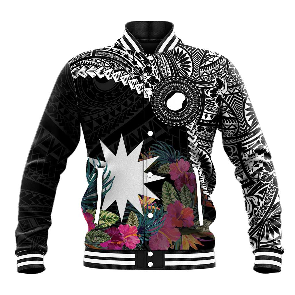 Black Nauru Baseball Jacket Naoero Map With Polynesian Tropical Flowers LT14 Unisex Black - Polynesian Pride