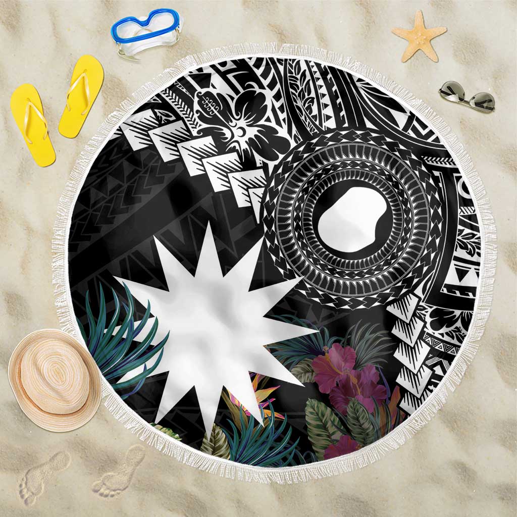 Black Nauru Beach Blanket Naoero Map With Polynesian Tropical Flowers LT14 One Size 150cm Black - Polynesian Pride