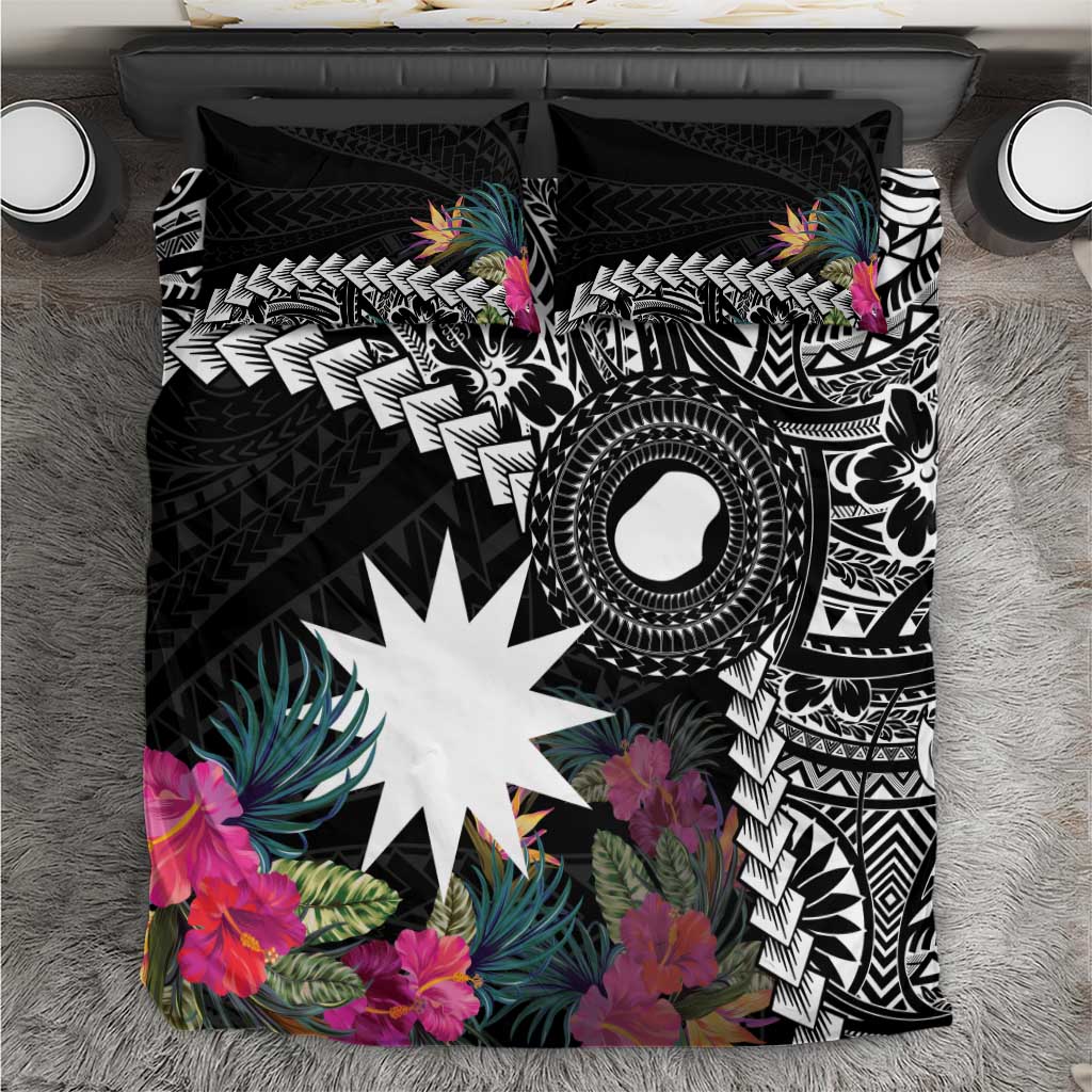 Black Nauru Bedding Set Naoero Map With Polynesian Tropical Flowers LT14 Black - Polynesian Pride