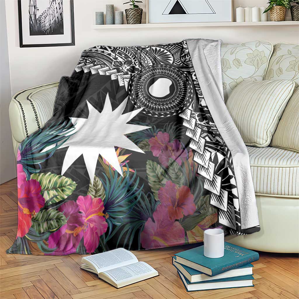 Black Nauru Blanket Naoero Map With Polynesian Tropical Flowers LT14 Black - Polynesian Pride