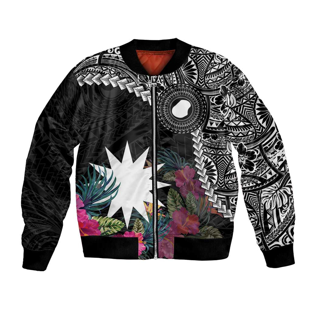 Black Nauru Bomber Jacket Naoero Map With Polynesian Tropical Flowers LT14 Unisex Black - Polynesian Pride