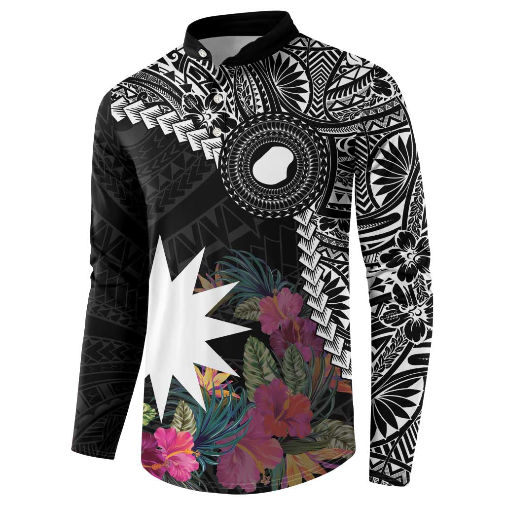 Black Nauru Button Sweatshirt Naoero Map With Polynesian Tropical Flowers