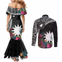 Black Nauru Couples Matching Mermaid Dress and Long Sleeve Button Shirt Naoero Map With Polynesian Tropical Flowers