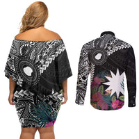 Black Nauru Couples Matching Off Shoulder Short Dress and Long Sleeve Button Shirt Naoero Map With Polynesian Tropical Flowers