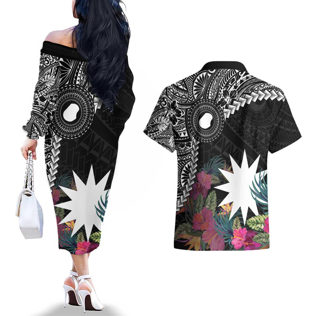 Black Nauru Couples Matching Off The Shoulder Long Sleeve Dress and Hawaiian Shirt Naoero Map With Polynesian Tropical Flowers