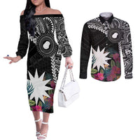 Black Nauru Couples Matching Off The Shoulder Long Sleeve Dress and Long Sleeve Button Shirt Naoero Map With Polynesian Tropical Flowers