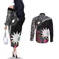 Black Nauru Couples Matching Off The Shoulder Long Sleeve Dress and Long Sleeve Button Shirt Naoero Map With Polynesian Tropical Flowers
