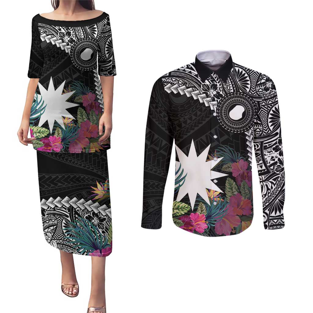 Black Nauru Couples Matching Puletasi and Long Sleeve Button Shirt Naoero Map With Polynesian Tropical Flowers