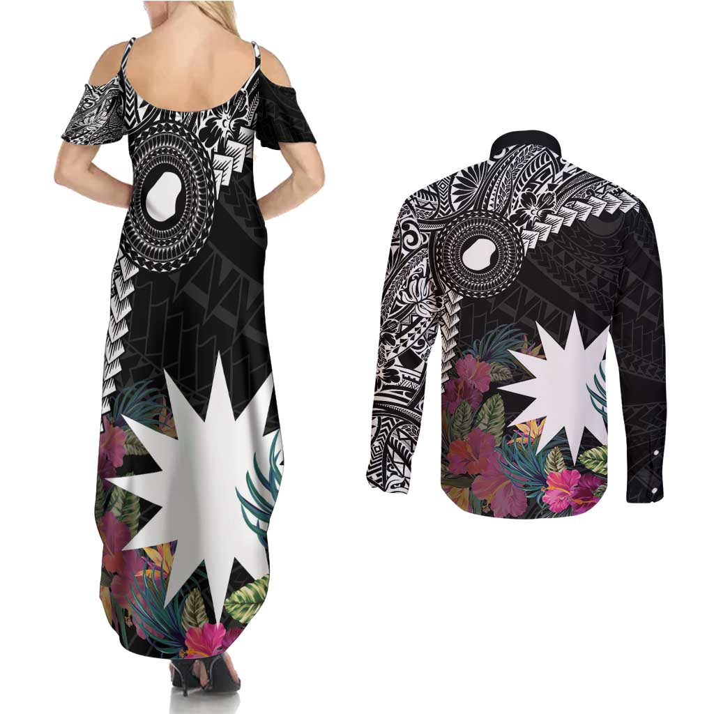 Black Nauru Couples Matching Summer Maxi Dress and Long Sleeve Button Shirt Naoero Map With Polynesian Tropical Flowers