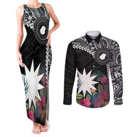 Black Nauru Couples Matching Tank Maxi Dress and Long Sleeve Button Shirt Naoero Map With Polynesian Tropical Flowers
