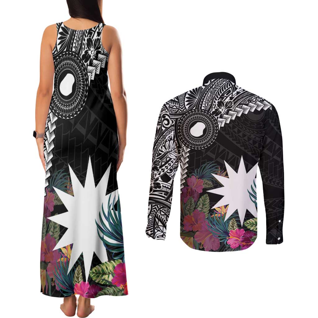 Black Nauru Couples Matching Tank Maxi Dress and Long Sleeve Button Shirt Naoero Map With Polynesian Tropical Flowers