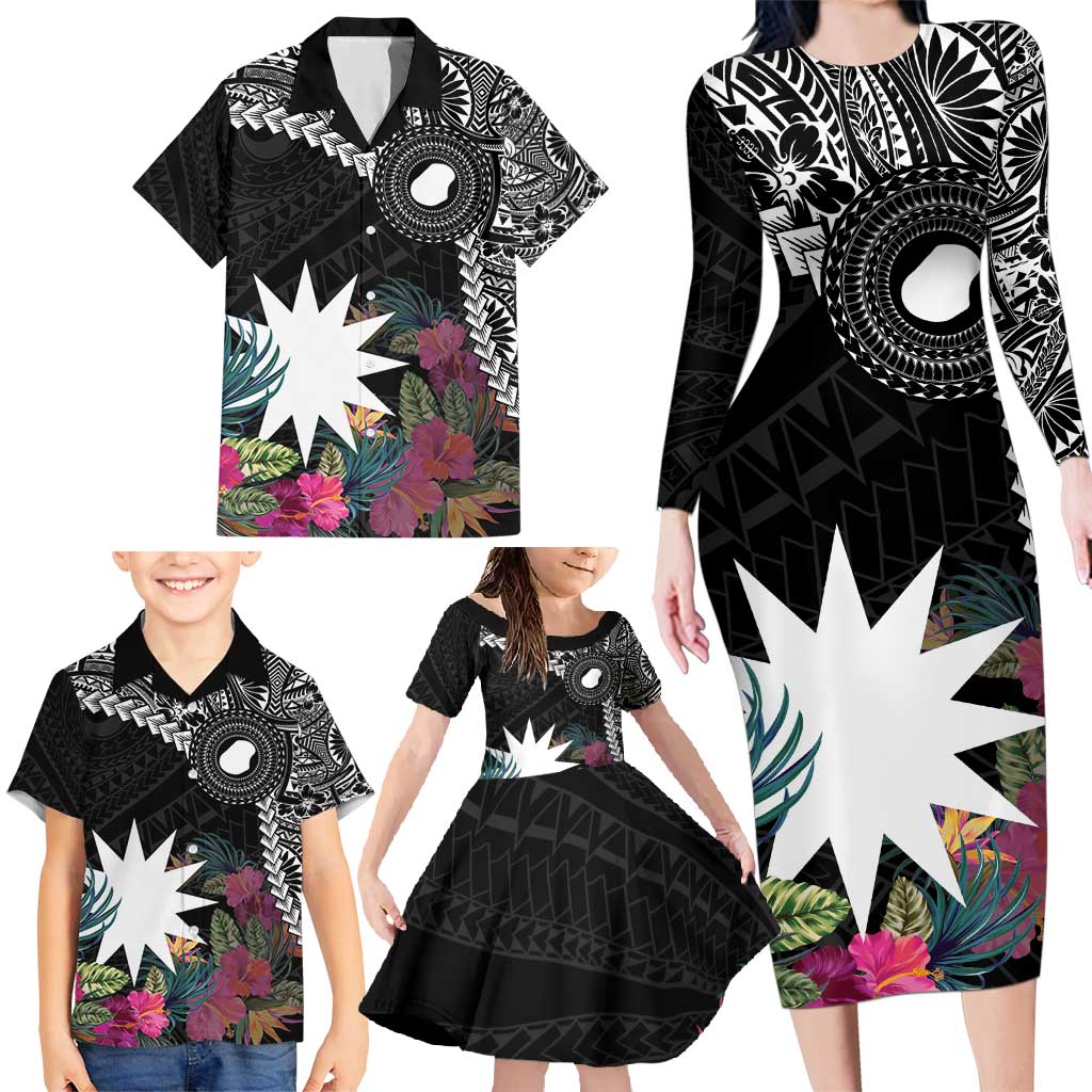 Black Nauru Family Matching Long Sleeve Bodycon Dress and Hawaiian Shirt Naoero Map With Polynesian Tropical Flowers LT14 - Polynesian Pride