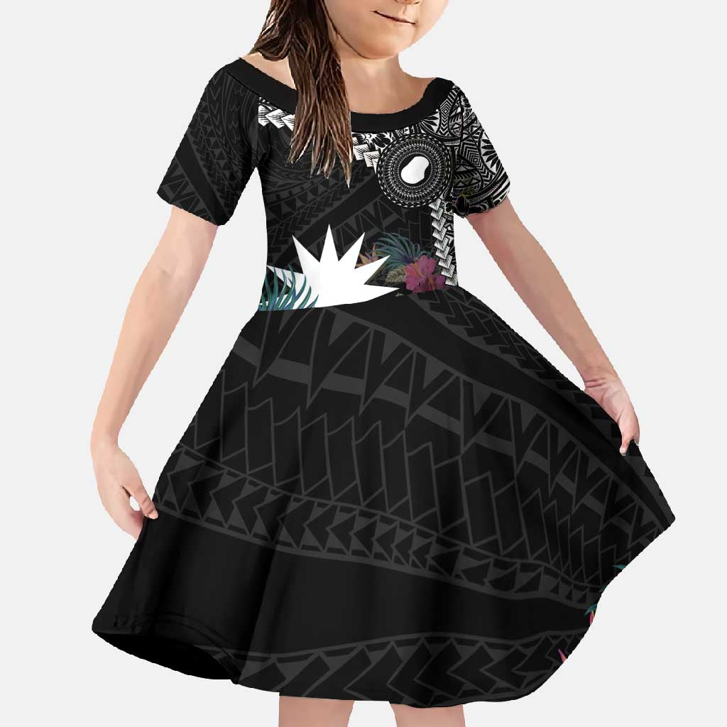 Black Nauru Family Matching Mermaid Dress and Hawaiian Shirt Naoero Map With Polynesian Tropical Flowers LT14 Daughter's Dress Black - Polynesian Pride
