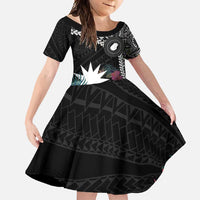 Black Nauru Family Matching Mermaid Dress and Hawaiian Shirt Naoero Map With Polynesian Tropical Flowers LT14 Daughter's Dress Black - Polynesian Pride