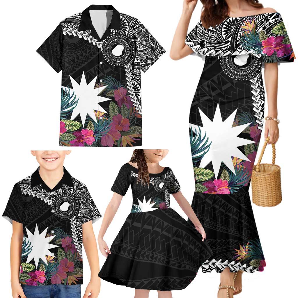 Black Nauru Family Matching Mermaid Dress and Hawaiian Shirt Naoero Map With Polynesian Tropical Flowers LT14 - Polynesian Pride