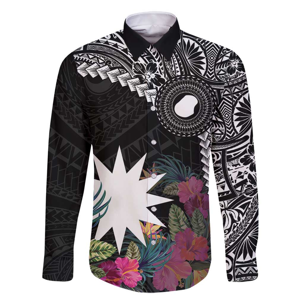 Black Nauru Family Matching Mermaid Dress and Hawaiian Shirt Naoero Map With Polynesian Tropical Flowers LT14 Dad's Shirt - Long Sleeve Black - Polynesian Pride