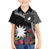 Black Nauru Family Matching Off Shoulder Maxi Dress and Hawaiian Shirt Naoero Map With Polynesian Tropical Flowers LT14 Son's Shirt Black - Polynesian Pride
