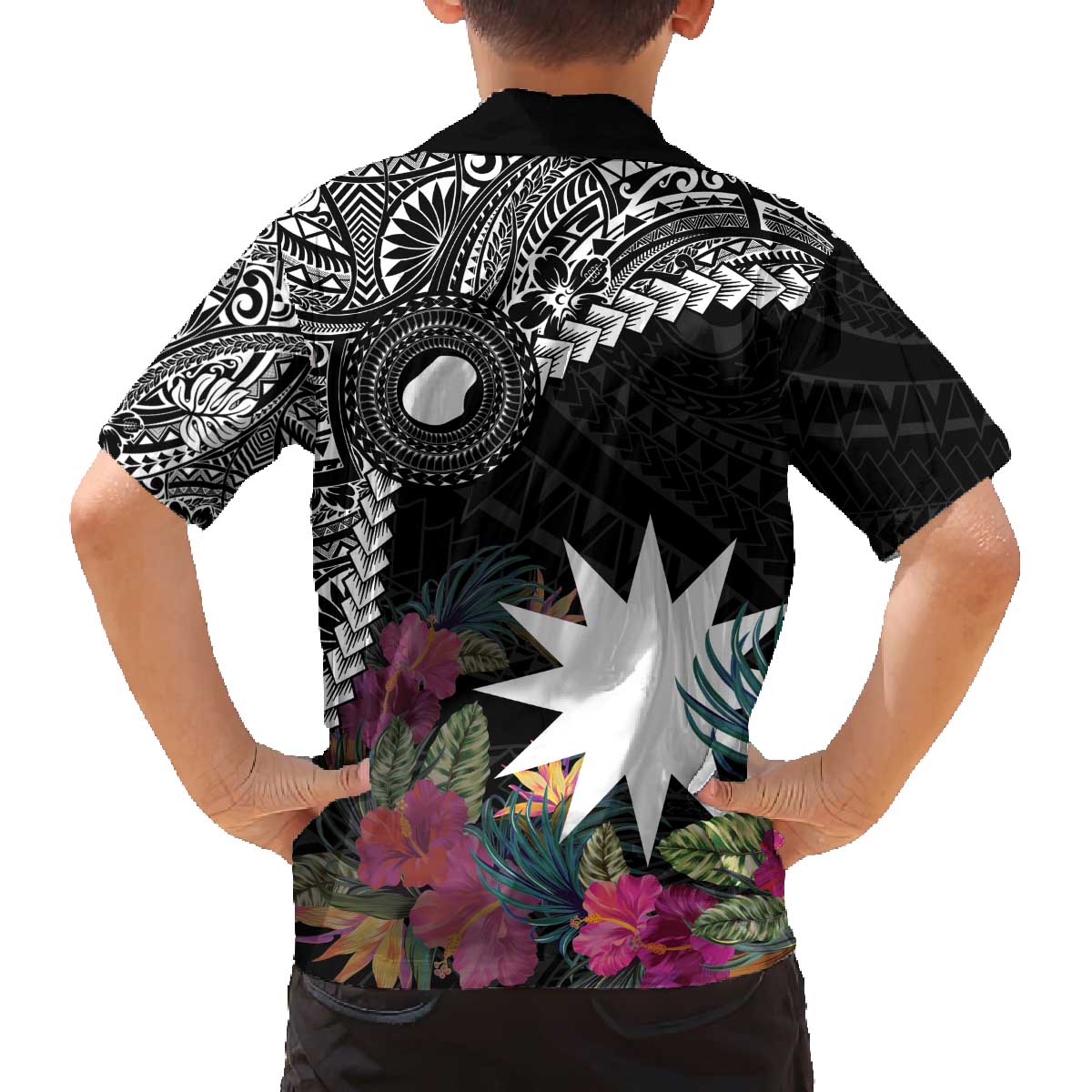 Black Nauru Family Matching Off Shoulder Short Dress and Hawaiian Shirt Naoero Map With Polynesian Tropical Flowers LT14 - Polynesian Pride