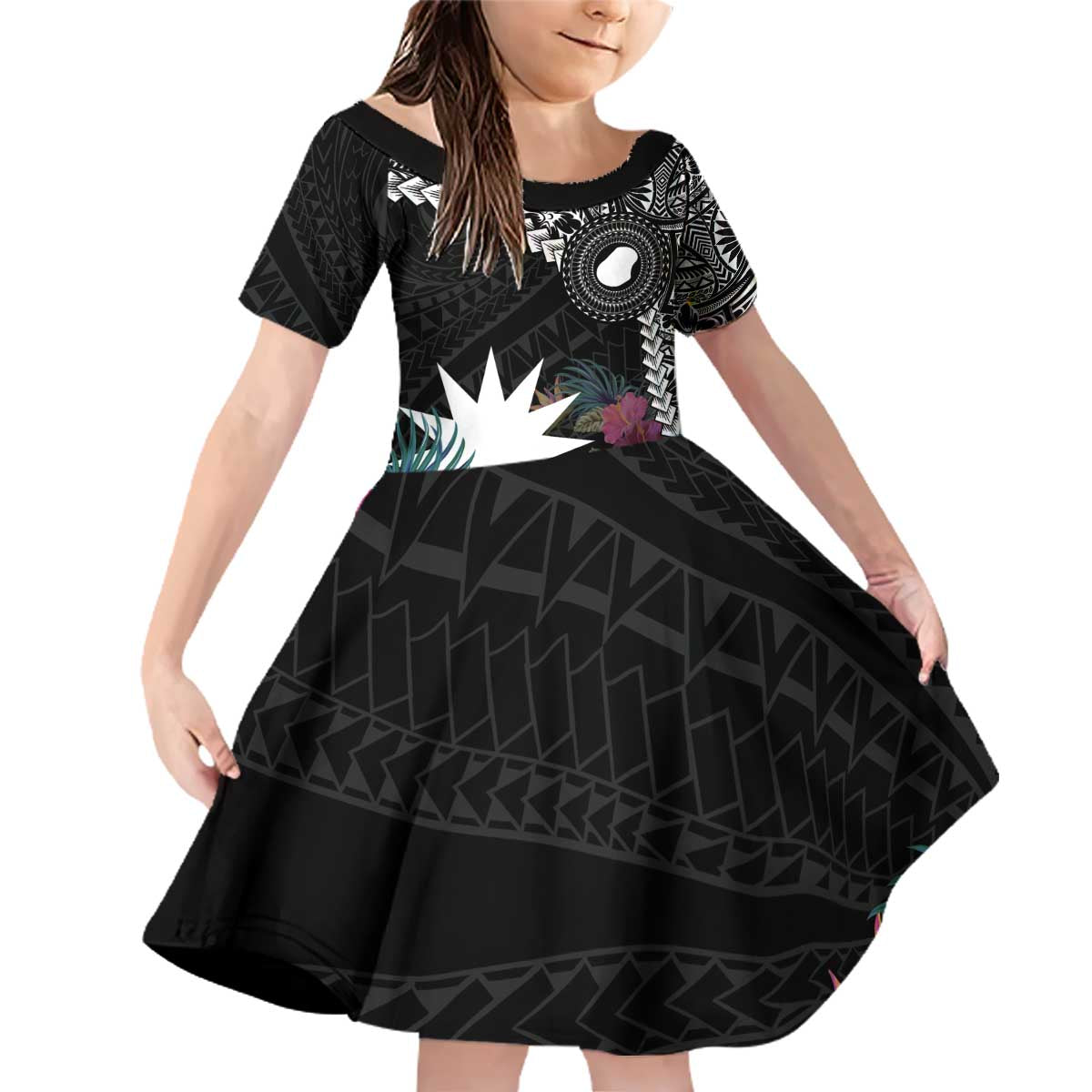 Black Nauru Family Matching Off Shoulder Short Dress and Hawaiian Shirt Naoero Map With Polynesian Tropical Flowers LT14 Daughter's Dress Black - Polynesian Pride
