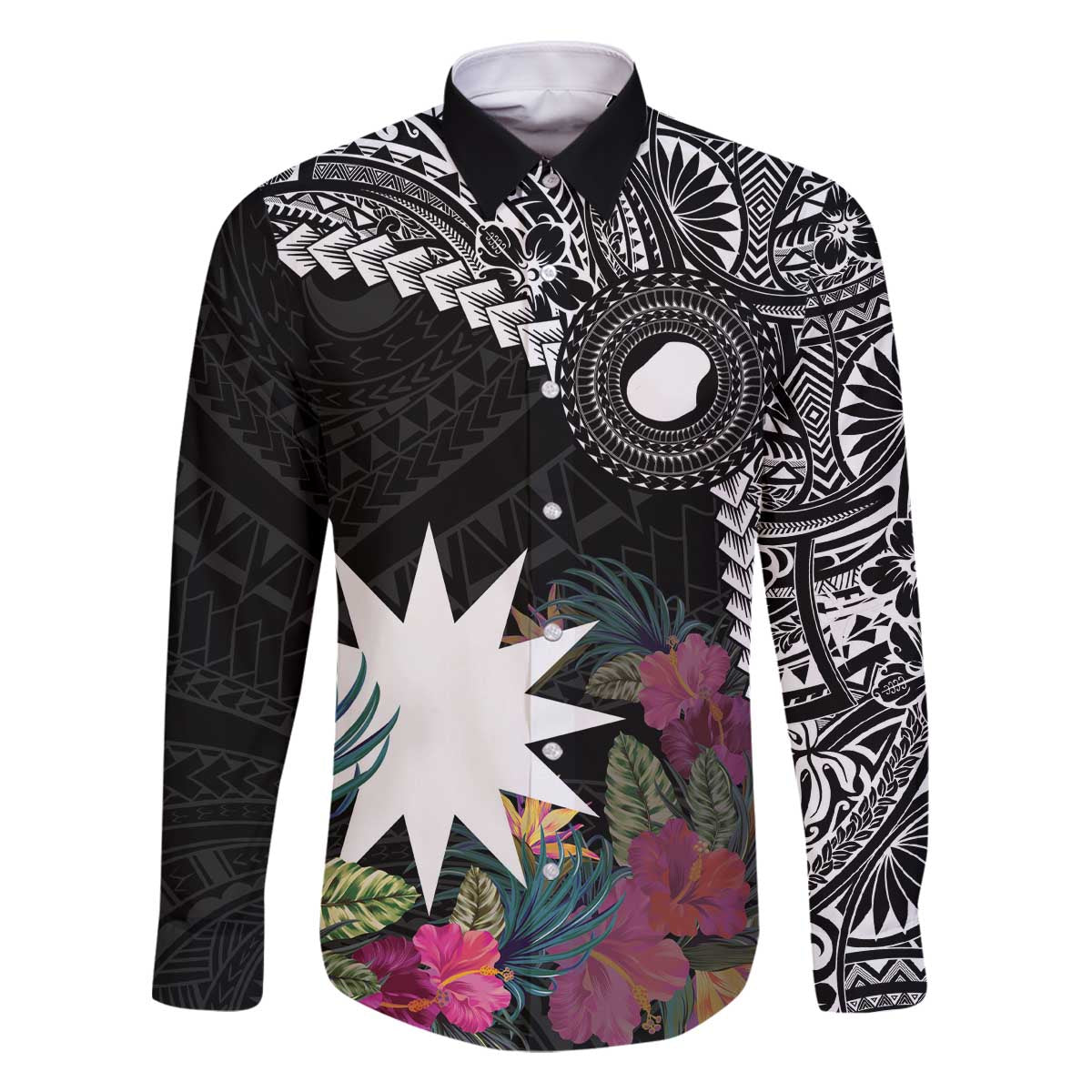 Black Nauru Family Matching Off Shoulder Short Dress and Hawaiian Shirt Naoero Map With Polynesian Tropical Flowers LT14 Dad's Shirt - Long Sleeve Black - Polynesian Pride