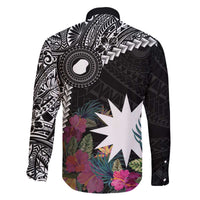 Black Nauru Family Matching Off Shoulder Short Dress and Hawaiian Shirt Naoero Map With Polynesian Tropical Flowers LT14 - Polynesian Pride