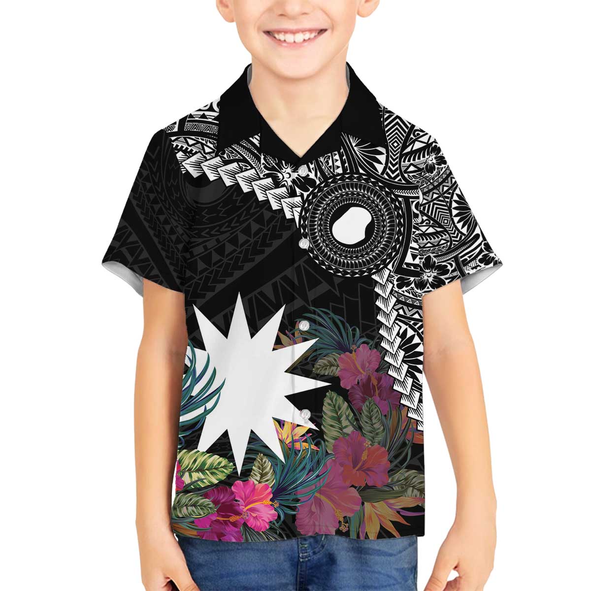 Black Nauru Family Matching Off Shoulder Short Dress and Hawaiian Shirt Naoero Map With Polynesian Tropical Flowers LT14 Son's Shirt Black - Polynesian Pride