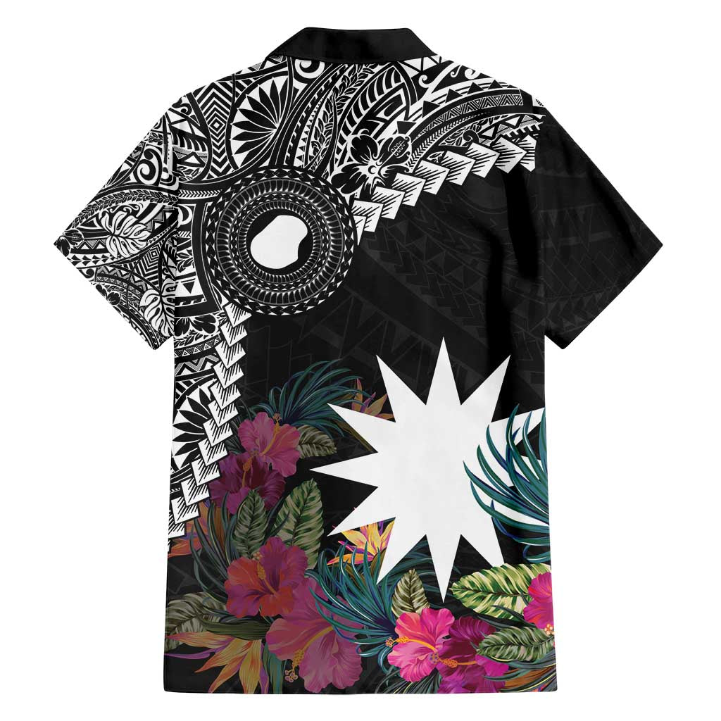 Black Nauru Family Matching Tank Maxi Dress and Hawaiian Shirt Naoero Map With Polynesian Tropical Flowers LT14 - Polynesian Pride