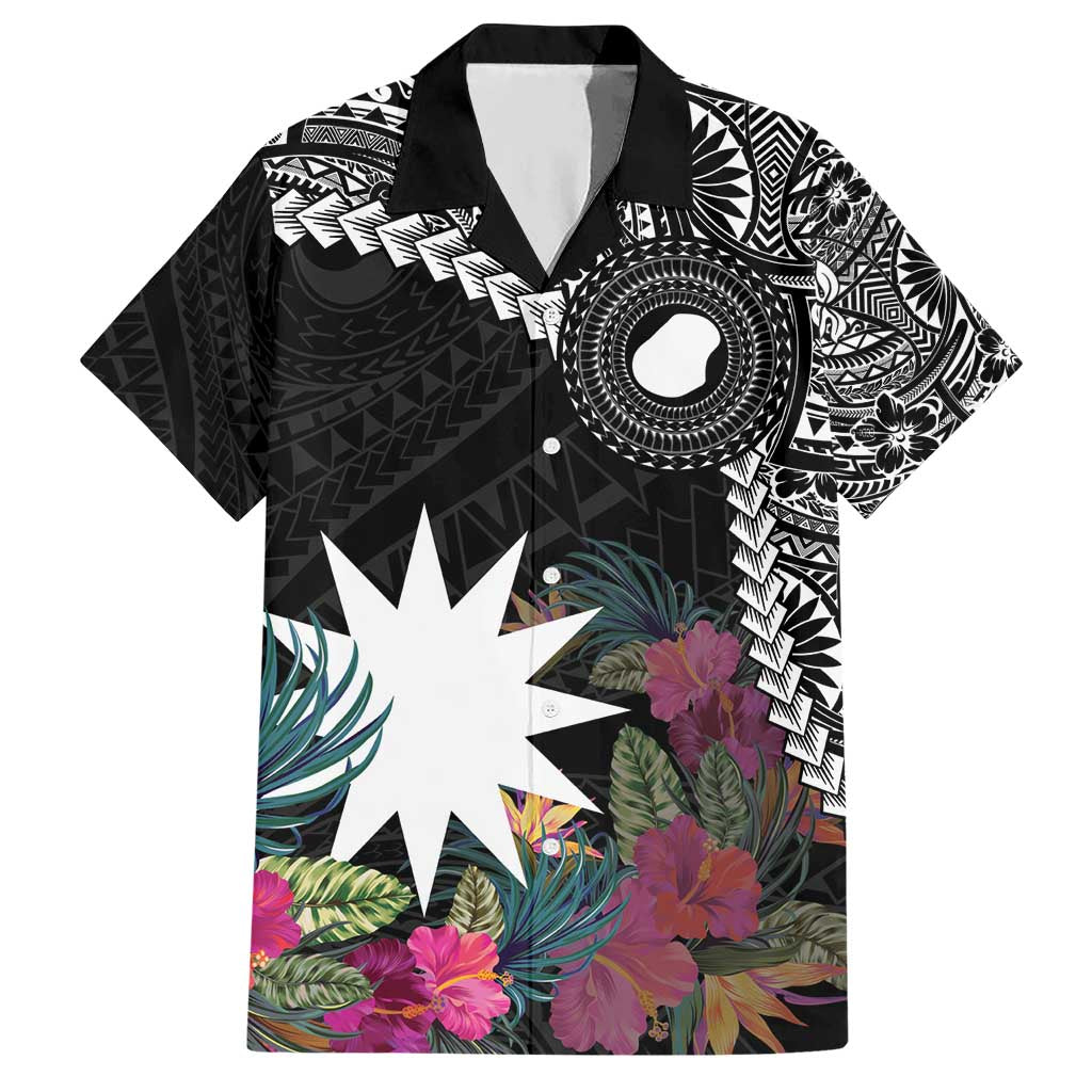 Black Nauru Hawaiian Shirt Naoero Map With Polynesian Tropical Flowers LT14 Black - Polynesian Pride