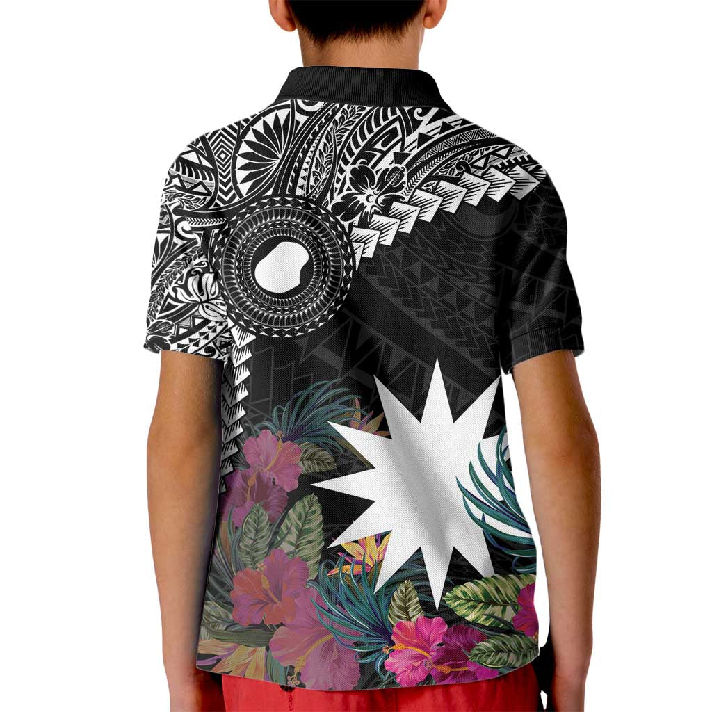 Black Nauru Kid Polo Shirt Naoero Map With Polynesian Tropical Flowers