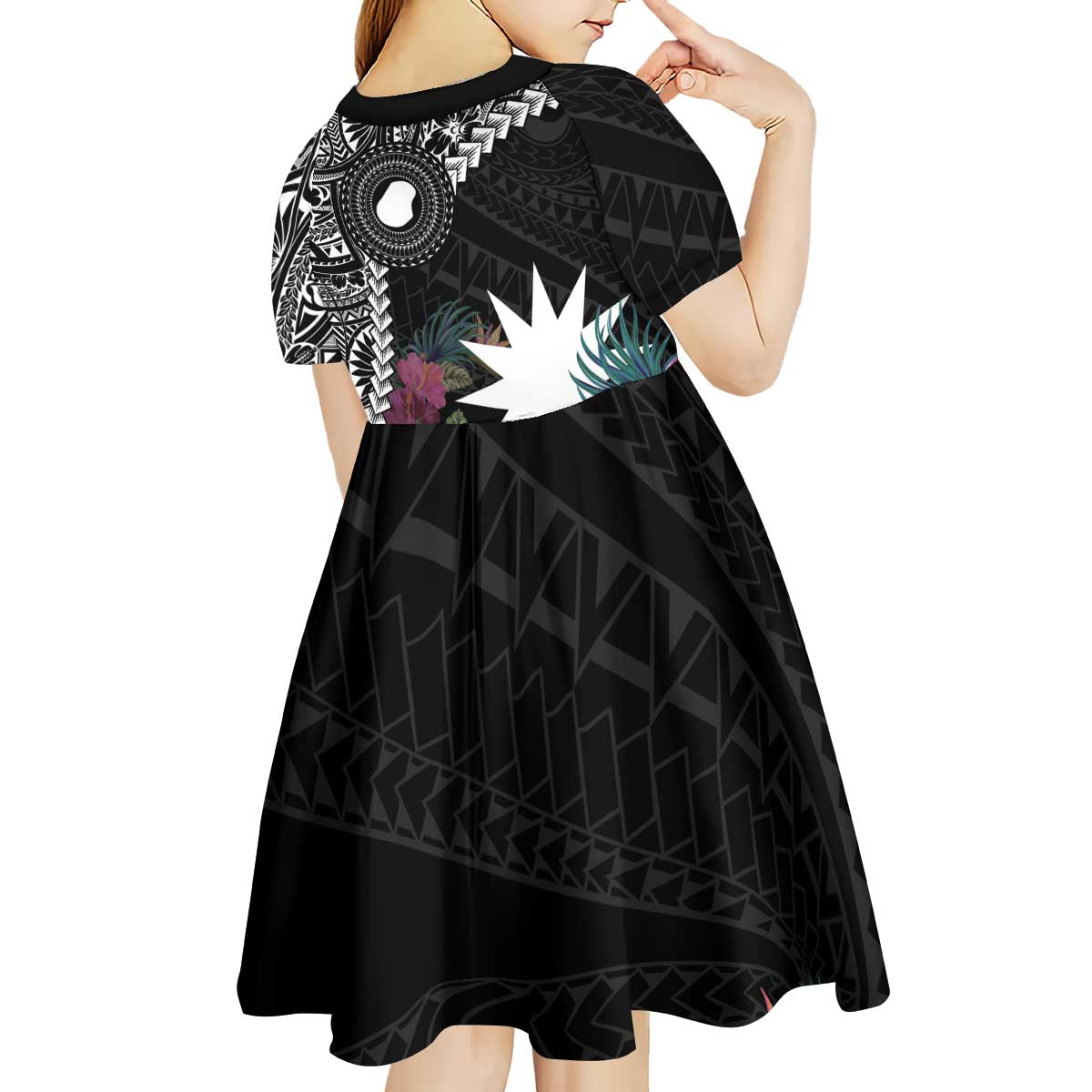 Black Nauru Kid Short Sleeve Dress Naoero Map With Polynesian Tropical Flowers