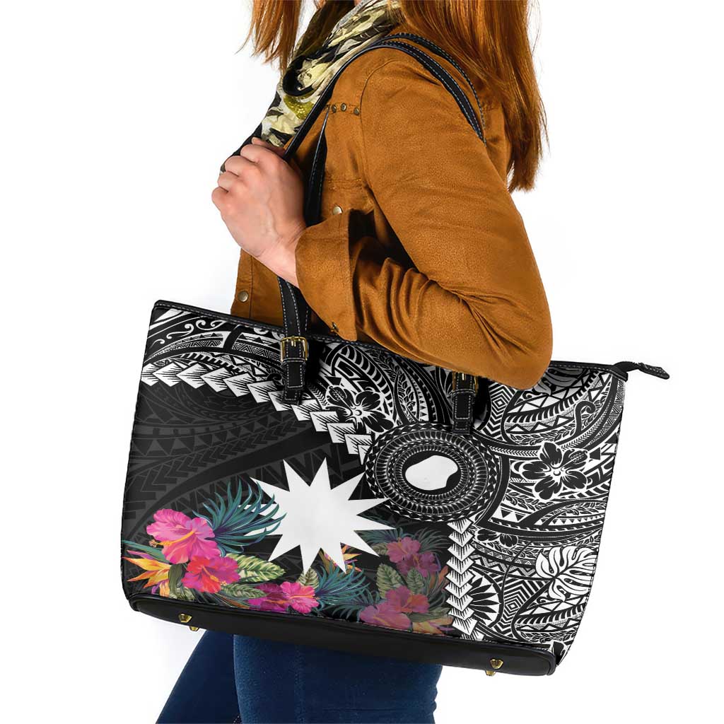 Black Nauru Leather Tote Bag Naoero Map With Polynesian Tropical Flowers LT14 Black - Polynesian Pride