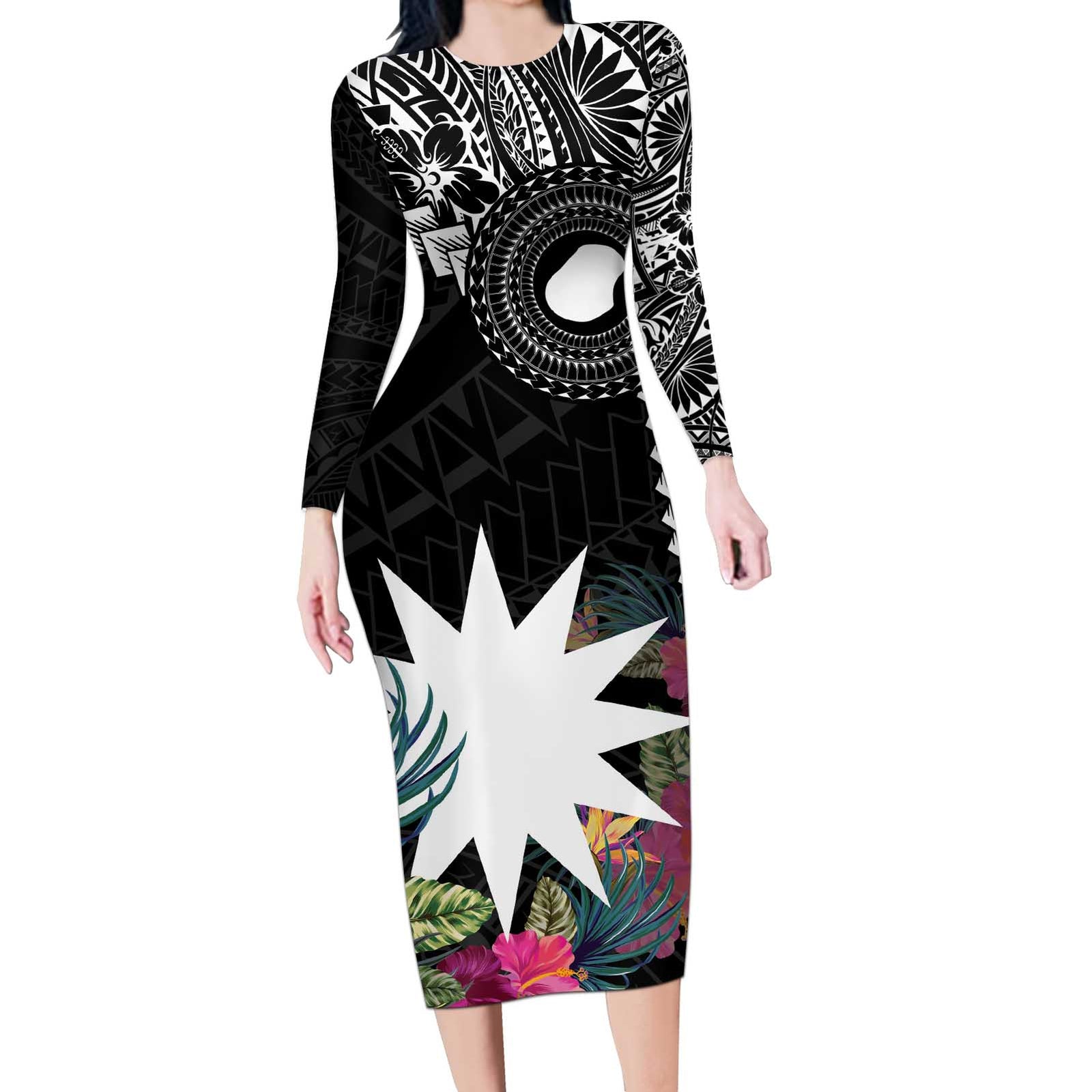 Black Nauru Long Sleeve Bodycon Dress Naoero Map With Polynesian Tropical Flowers LT14 Long Dress Black - Polynesian Pride