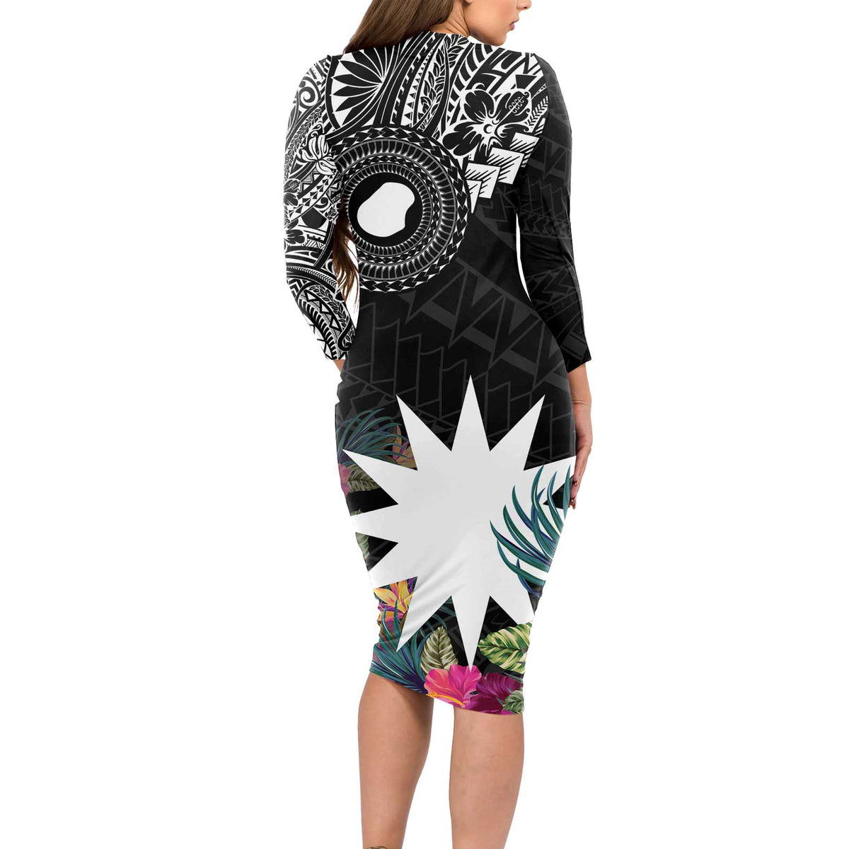 Black Nauru Long Sleeve Bodycon Dress Naoero Map With Polynesian Tropical Flowers LT14 - Polynesian Pride