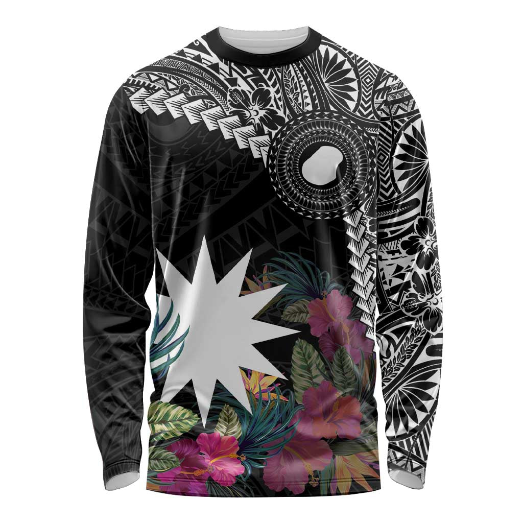 Black Nauru Long Sleeve Shirt Naoero Map With Polynesian Tropical Flowers LT14 Unisex Black - Polynesian Pride