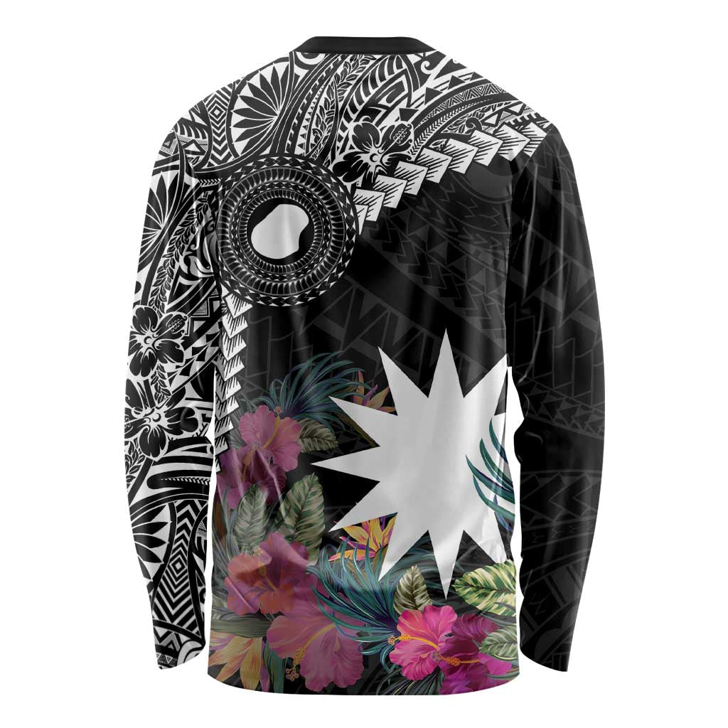 Black Nauru Long Sleeve Shirt Naoero Map With Polynesian Tropical Flowers LT14 - Polynesian Pride