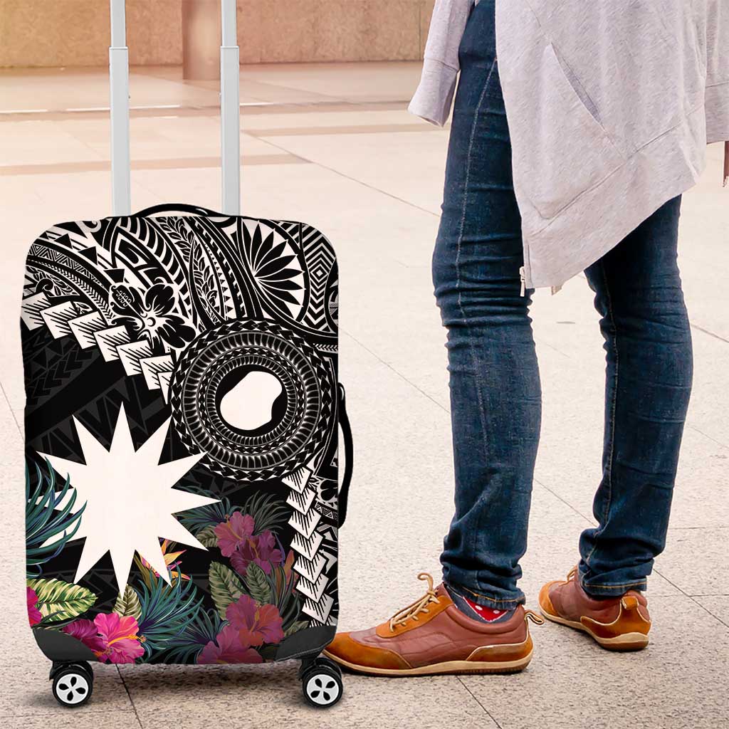 Black Nauru Luggage Cover Naoero Map With Polynesian Tropical Flowers LT14 Black - Polynesian Pride
