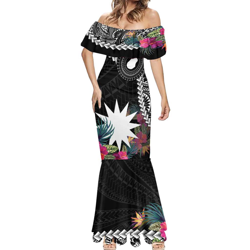 Black Nauru Mermaid Dress Naoero Map With Polynesian Tropical Flowers LT14 - Polynesian Pride