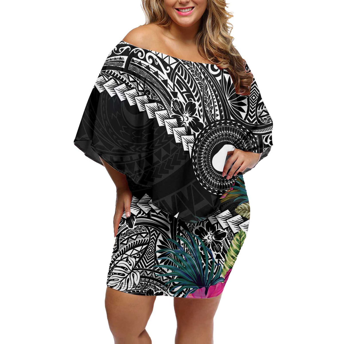 Black Nauru Off Shoulder Short Dress Naoero Map With Polynesian Tropical Flowers LT14 Women Black - Polynesian Pride