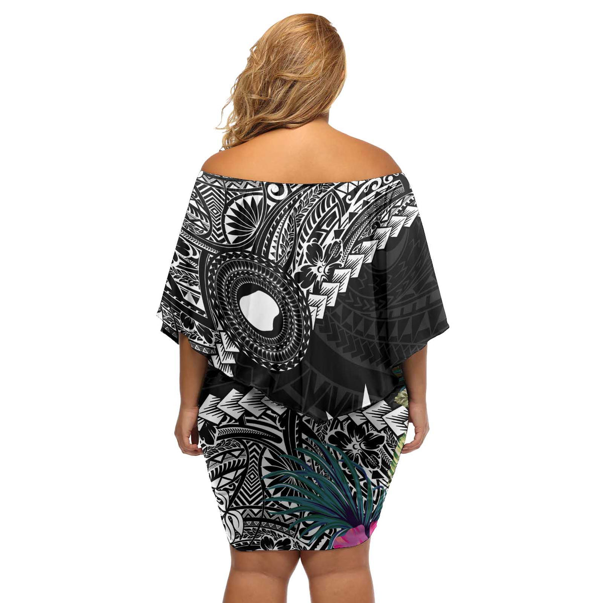 Black Nauru Off Shoulder Short Dress Naoero Map With Polynesian Tropical Flowers LT14 - Polynesian Pride