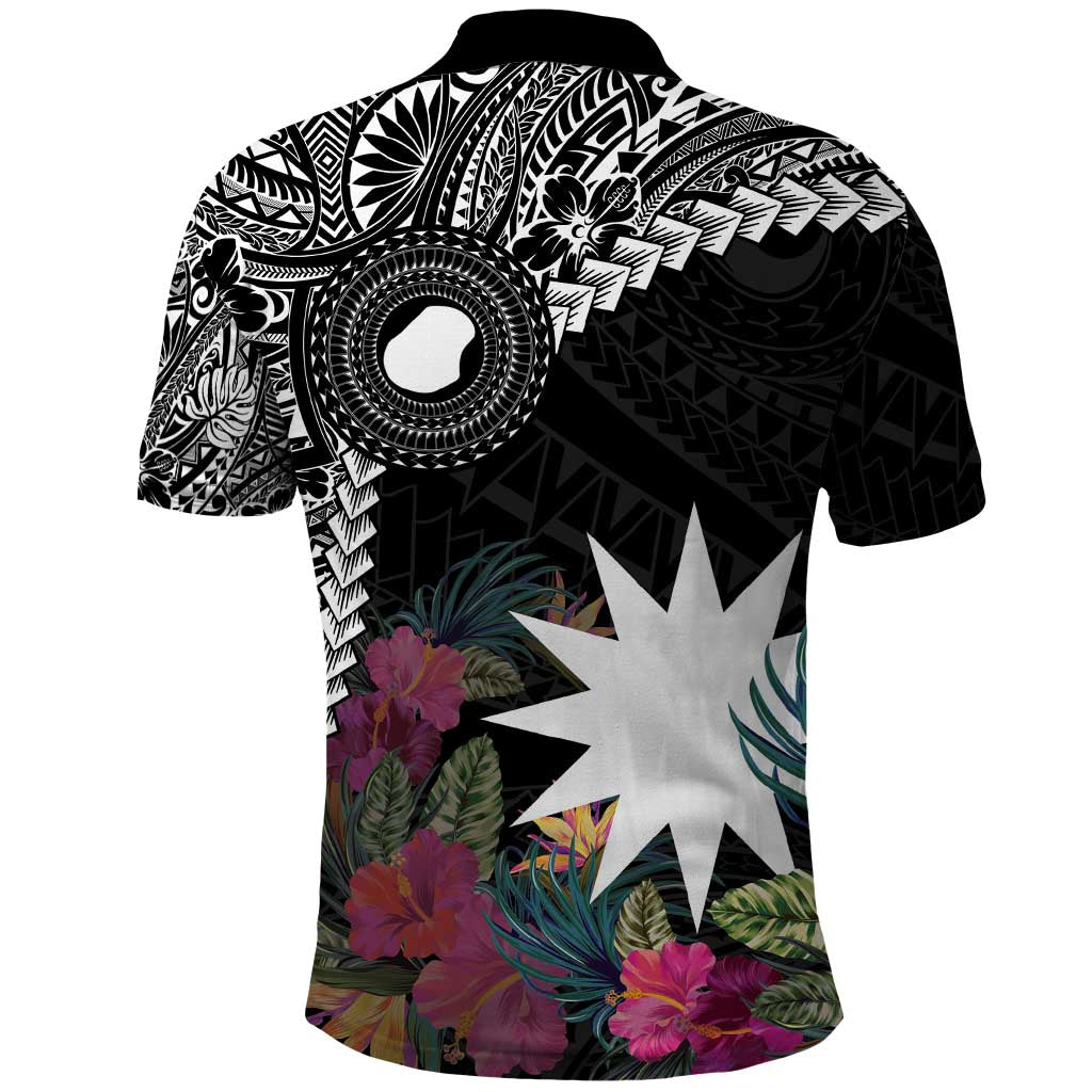 Black Nauru Polo Shirt Naoero Map With Polynesian Tropical Flowers LT14 - Polynesian Pride