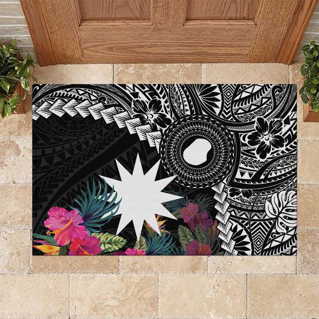 Black Nauru Rubber Doormat Naoero Map With Polynesian Tropical Flowers LT14 Black - Polynesian Pride