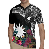 Black Nauru Rugby Jersey Naoero Map With Polynesian Tropical Flowers