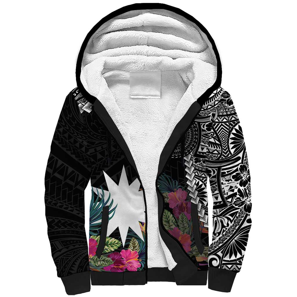 Black Nauru Sherpa Hoodie Naoero Map With Polynesian Tropical Flowers LT14 Unisex Black - Polynesian Pride