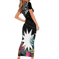 Black Nauru Short Sleeve Bodycon Dress Naoero Map With Polynesian Tropical Flowers LT14 - Polynesian Pride
