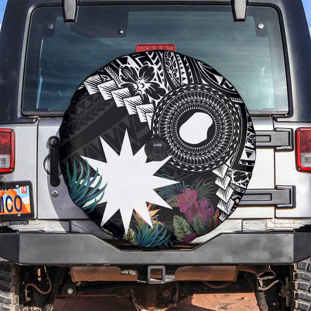 Black Nauru Spare Tire Cover Naoero Map With Polynesian Tropical Flowers LT14 Black - Polynesian Pride