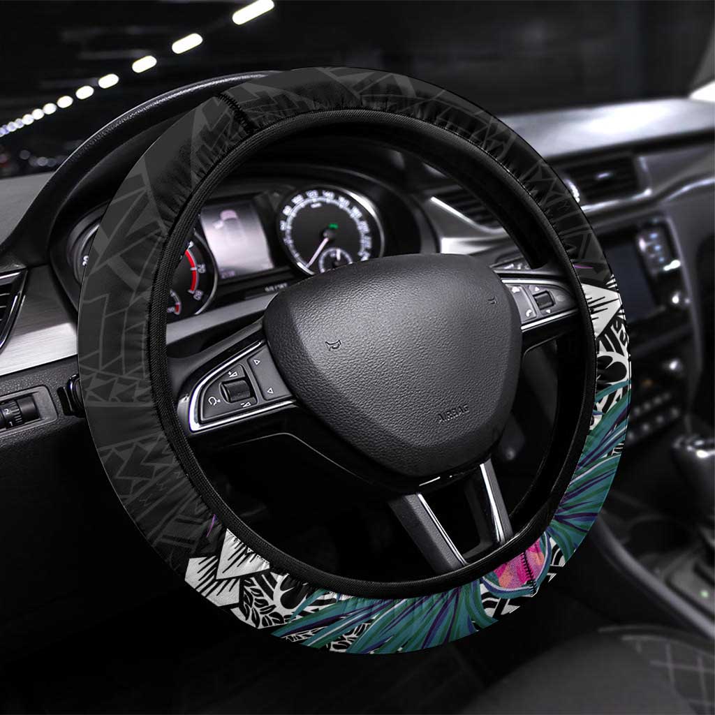 Black Nauru Steering Wheel Cover Naoero Map With Polynesian Tropical Flowers LT14 Universal Fit Black - Polynesian Pride