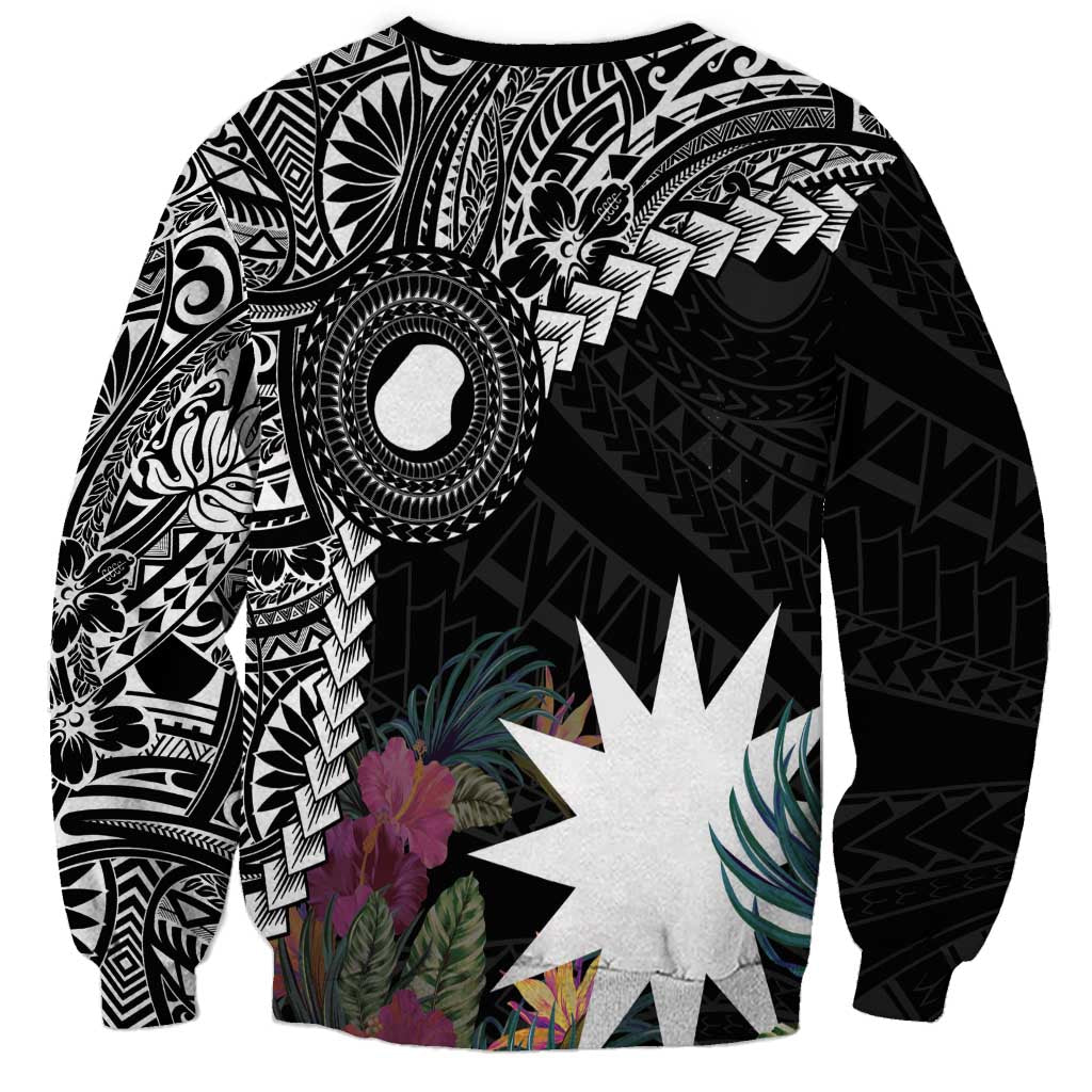 Black Nauru Sweatshirt Naoero Map With Polynesian Tropical Flowers