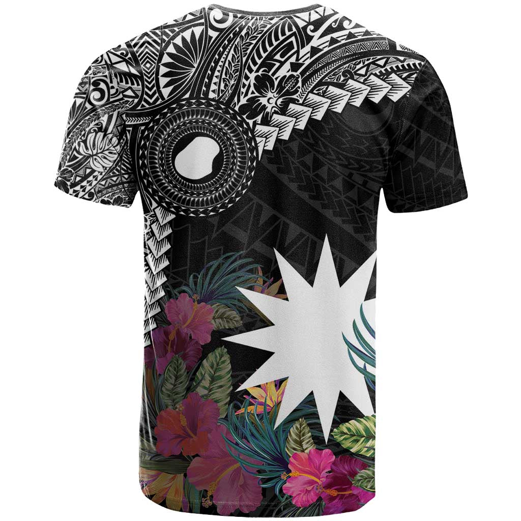 Black Nauru T Shirt Naoero Map With Polynesian Tropical Flowers