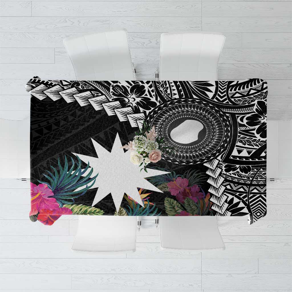 Black Nauru Tablecloth Naoero Map With Polynesian Tropical Flowers LT14 Black - Polynesian Pride