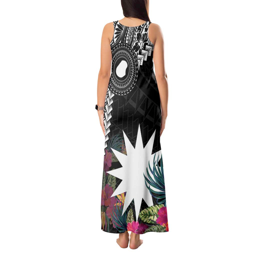 Black Nauru Tank Maxi Dress Naoero Map With Polynesian Tropical Flowers LT14 - Polynesian Pride